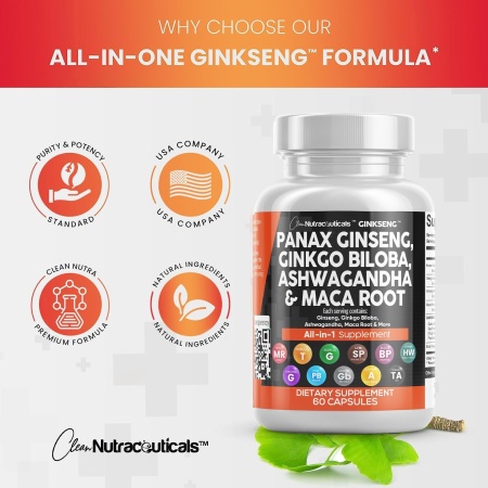 Clean Nutraceuticals, Panax Ginseng & Ginkgo Biloba & Ashwagandha & Maca Root, Features