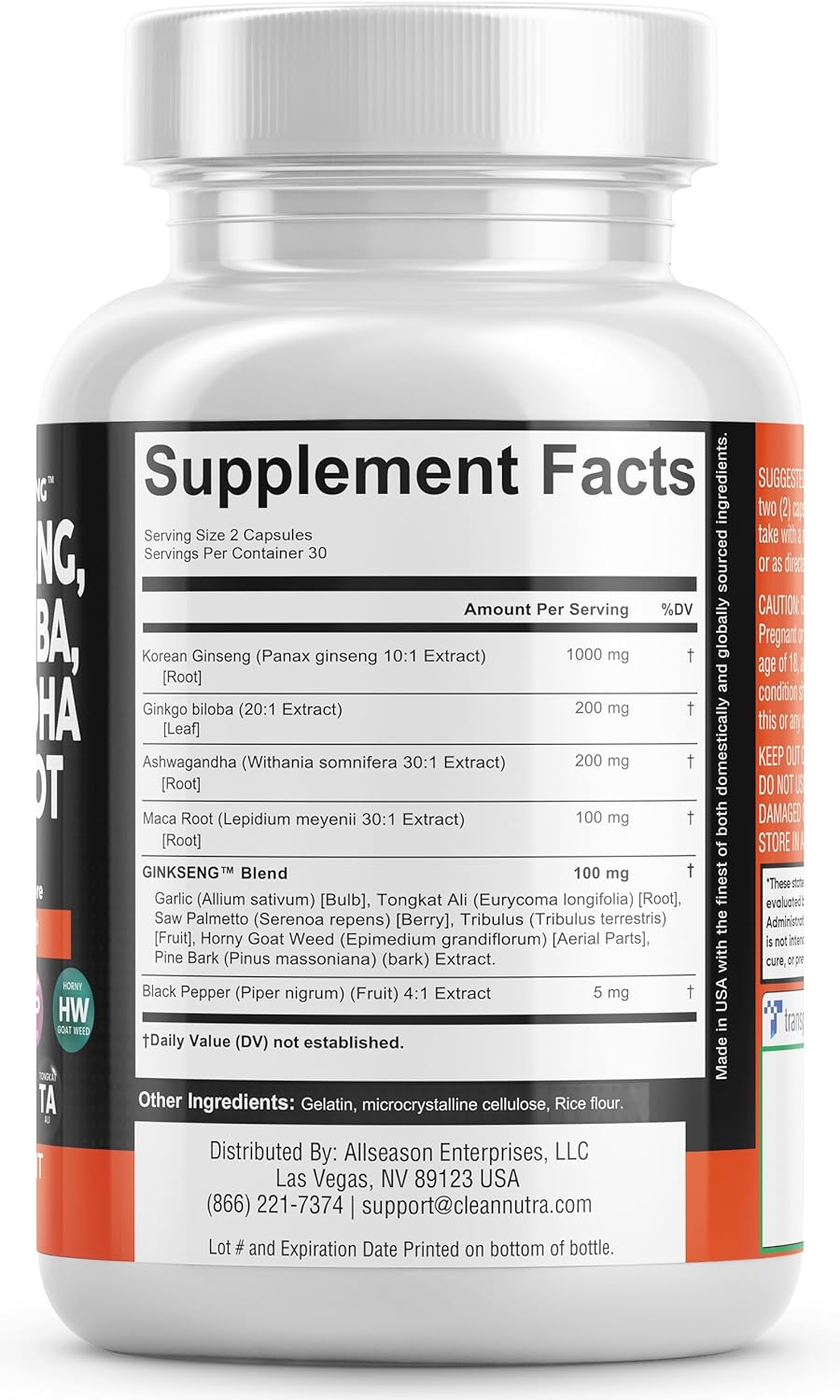 Clean Nutraceuticals, Panax Ginseng & Ginkgo Biloba & Ashwagandha & Maca Root, Ingredients