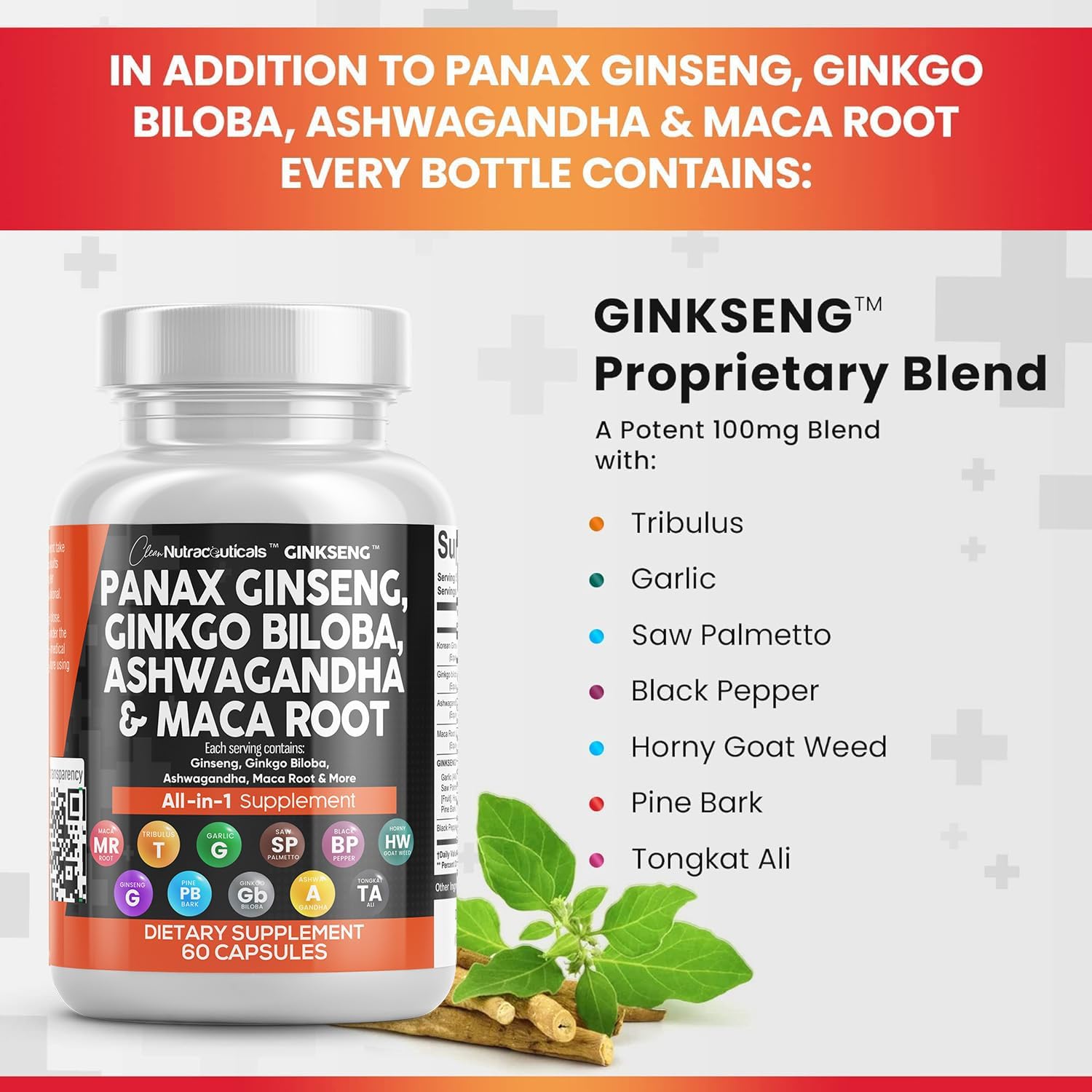 Clean Nutraceuticals, Panax Ginseng & Ginkgo Biloba & Ashwagandha & Maca Root, Ingredients