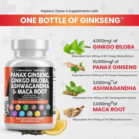 Clean Nutraceuticals, Panax Ginseng & Ginkgo Biloba & Ashwagandha & Maca Root, Ingredients