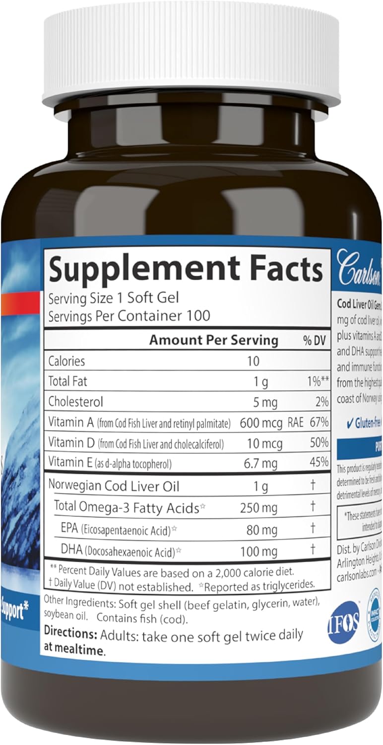 Carlson, Cod Liver Oil 1000 mg, 100 Softgels