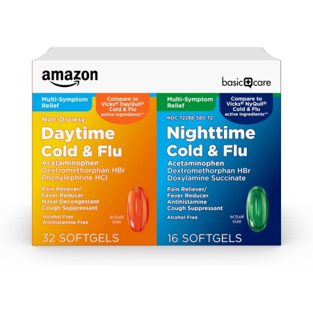 Amazon Basic Care Cold and Flu Relief, 48 Softgels