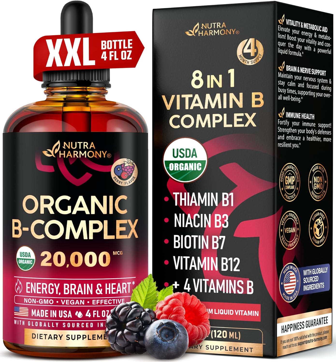 NUTRAHARMONY Organic Vitamin B-Complex Liquid Drops, 4fl oz
