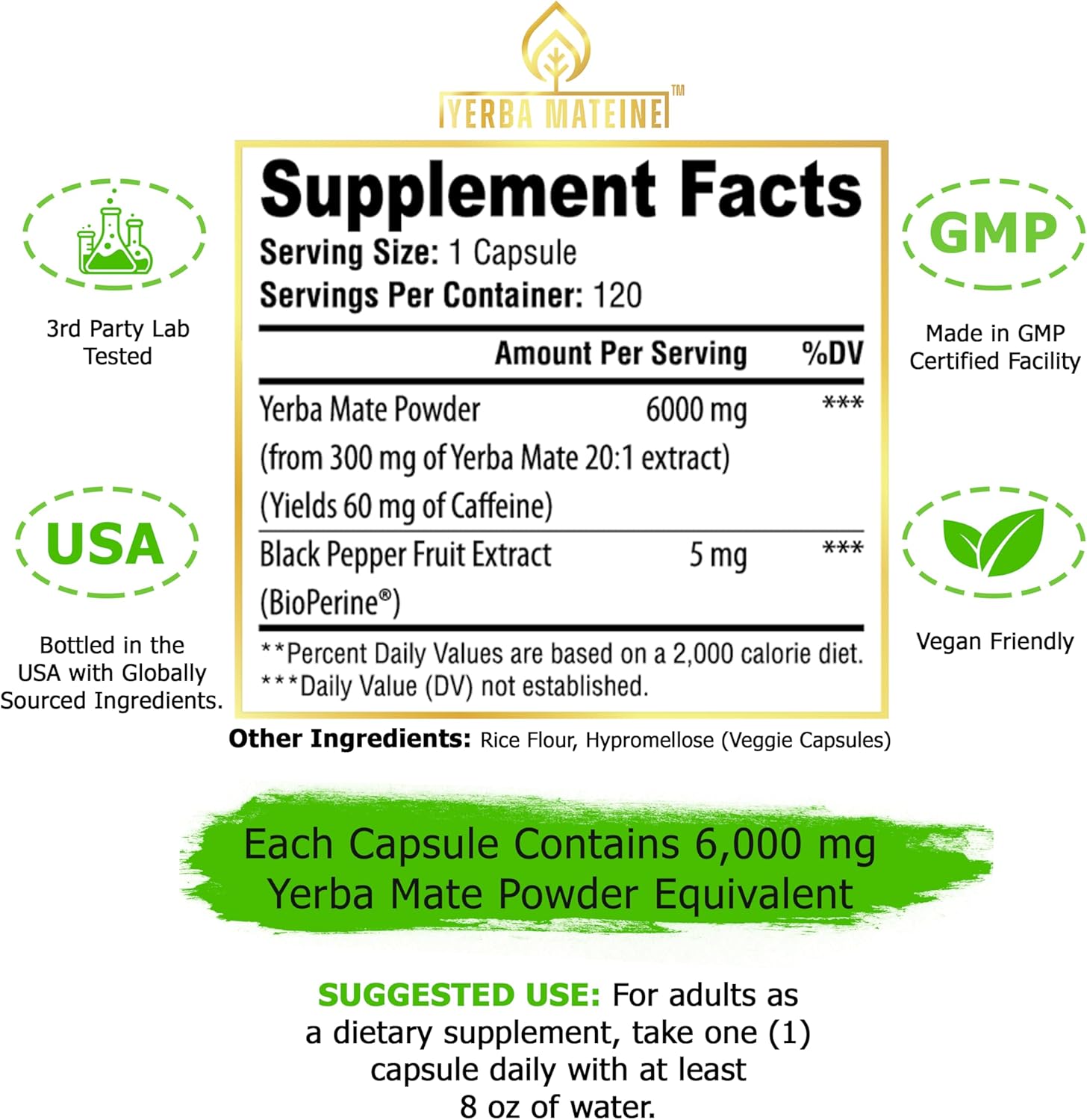 Yerba Mateine, Yerba Mate 6000 mg, Ingredients