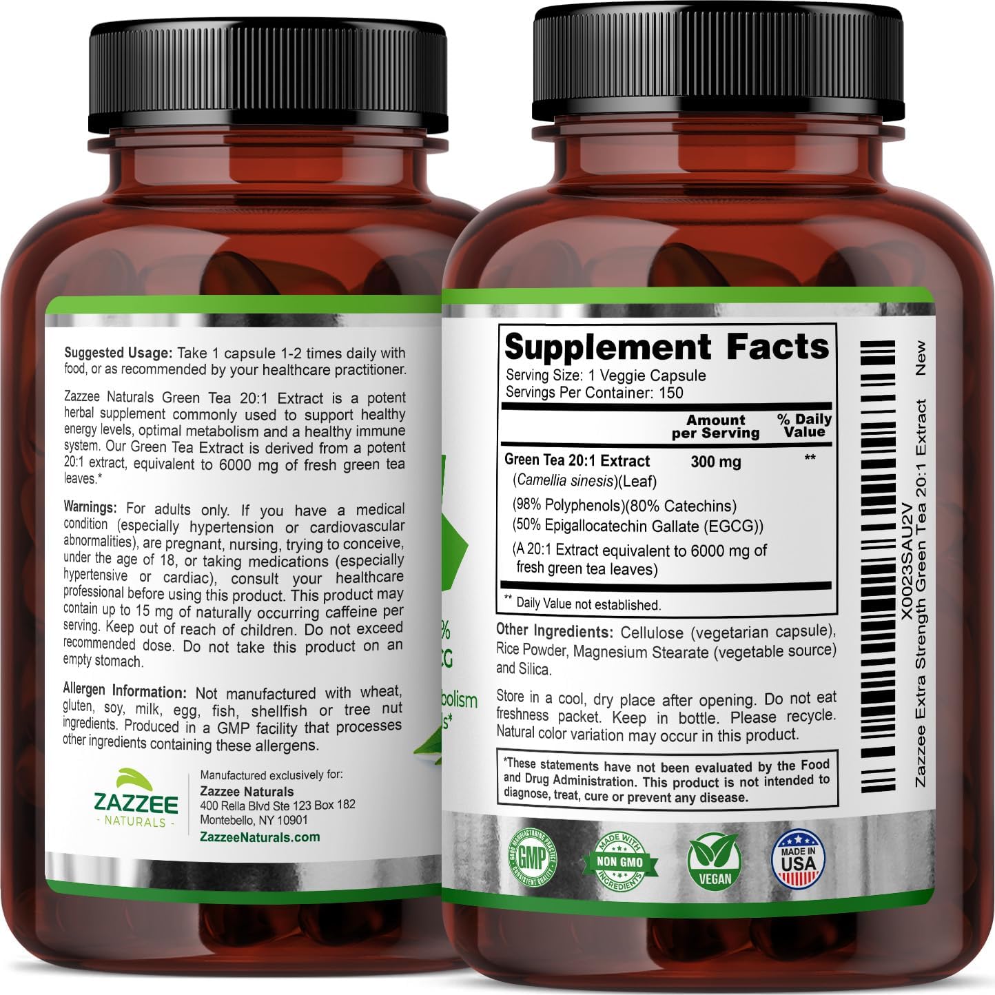Zazzee Extra Strength Green Tea,, 150 Veggie Caps