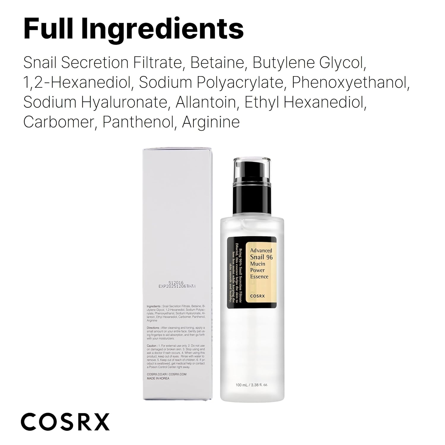 COSRX, Snail Mucin 96% Power Essence, Ingredients