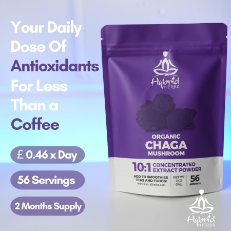 HYBRID HERBS, Organic Wild Chaga Mushroom Powder 56 Serving (56g) dose