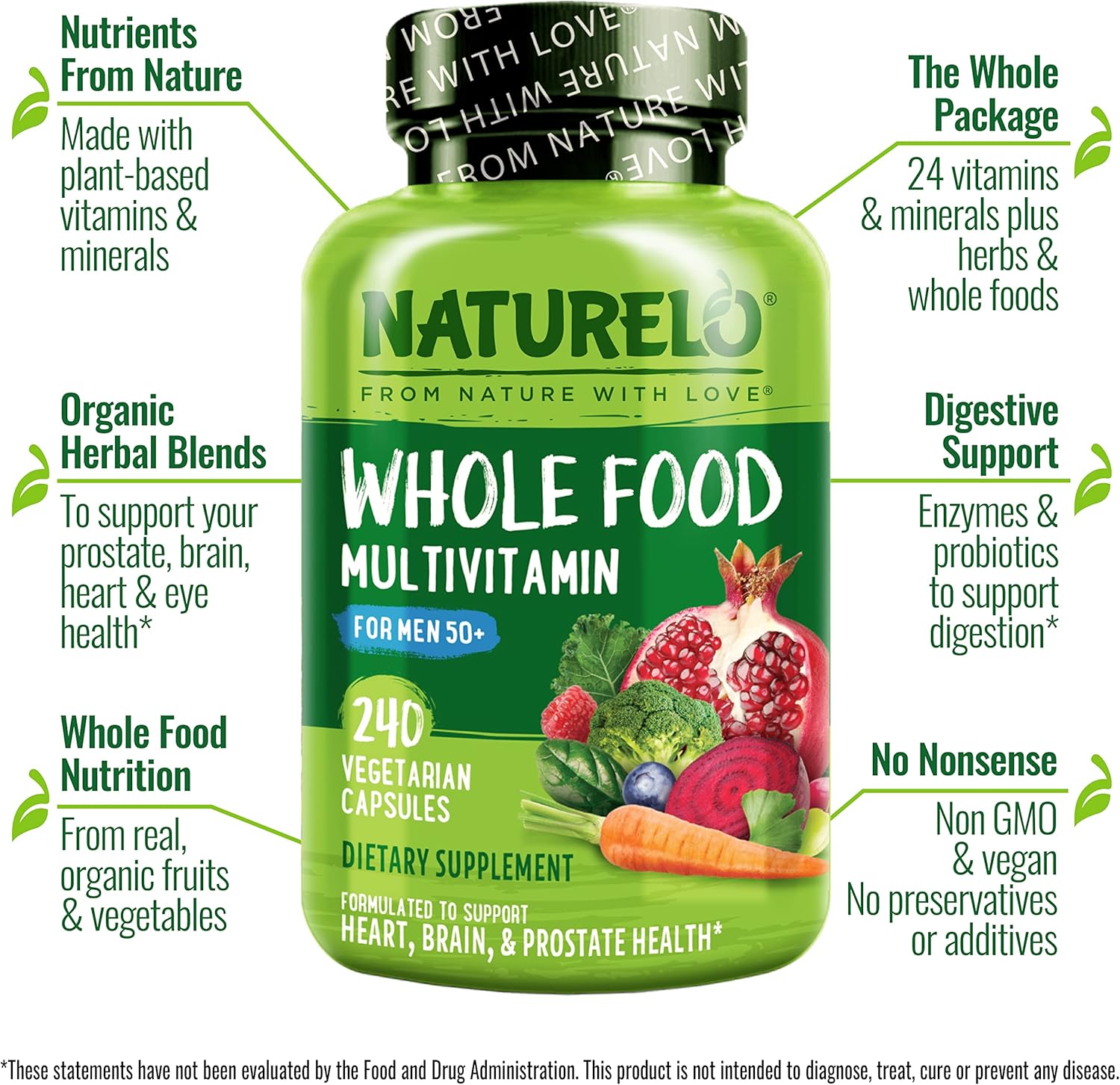 NATURELO Whole Food Multivitamin for Men 50+, Features and Benefits