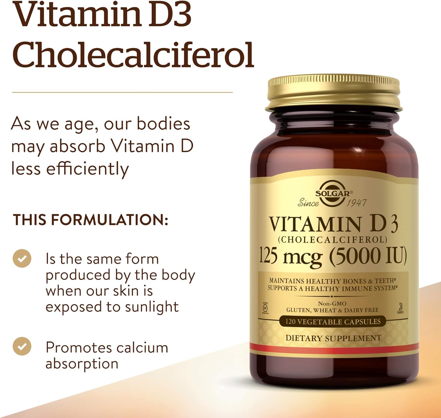 Solgar Vitamin D3 (Cholecalciferol) 125 mcg (5000 IU), 120 Capsules