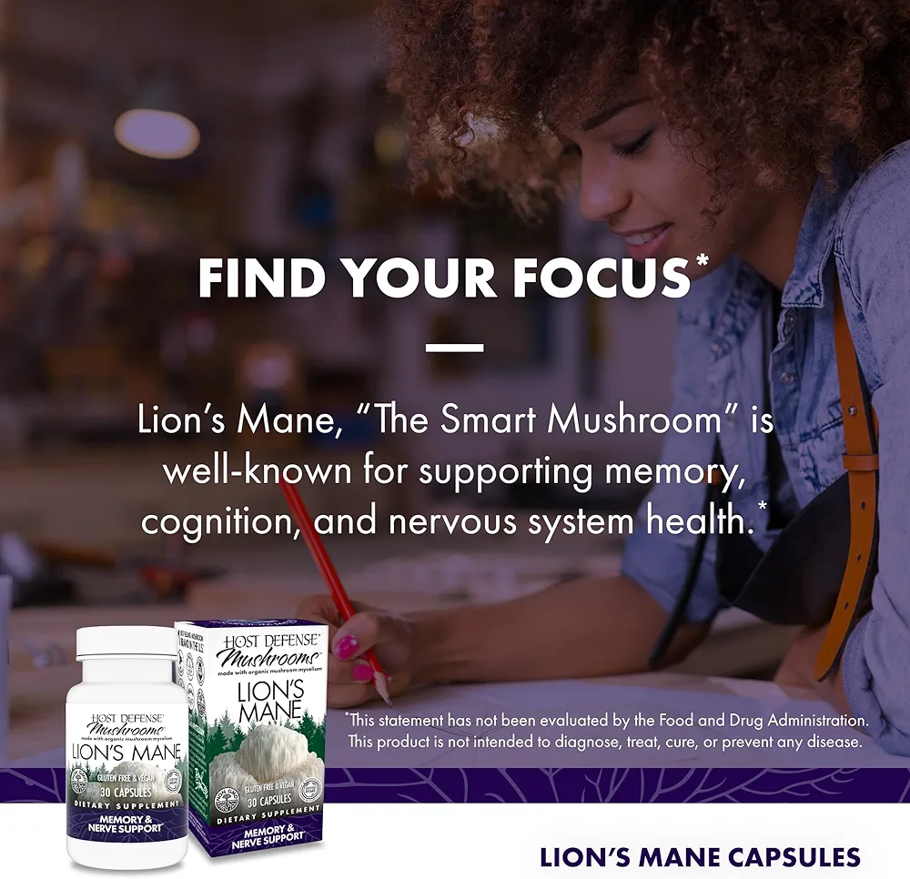 Host Defense Lion's Mane | Brain Health, Focus & Memory Support | 30 Capsules - Image 3