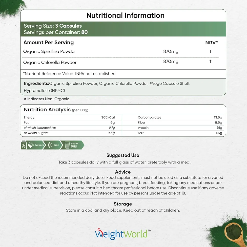 Organic Spirulina & Chlorella Capsules | High Strength | 240 Vegan Caps - Image 6