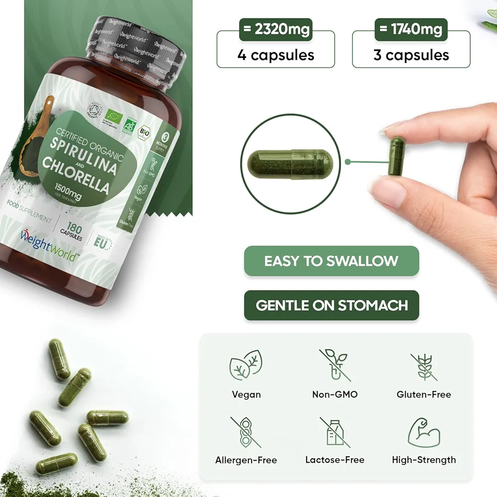 Organic Spirulina & Chlorella Capsules | High Strength | 240 Vegan Caps - Image 3
