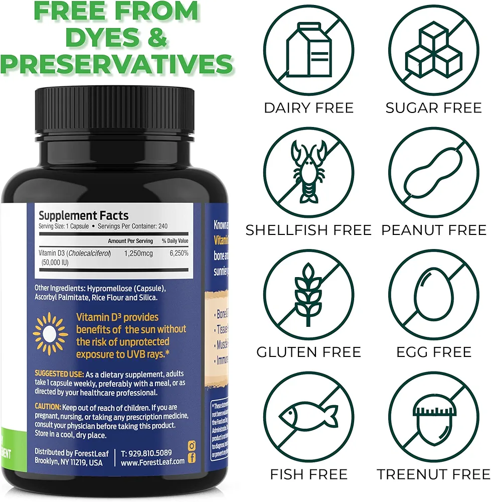 ForestLeaf Vitamin D3 50,000 IU | Bone & Immune Support | 240 Capsules - Image 5