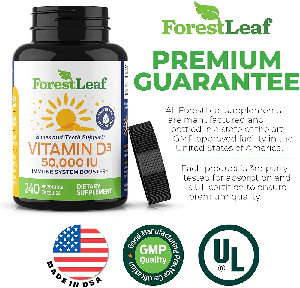 ForestLeaf Vitamin D3 50,000 IU | Bone & Immune Support | 240 Capsules - Image 2