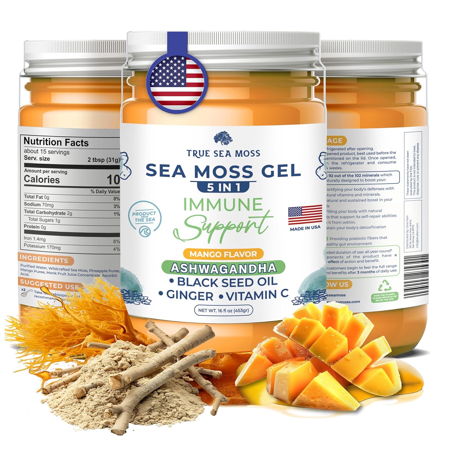 TrueSeaMoss Wildcrafted Irish Sea Moss Gel with Ashwagandha, Supports Health, Made in USA from Fresh Sea Vegetables 453gm