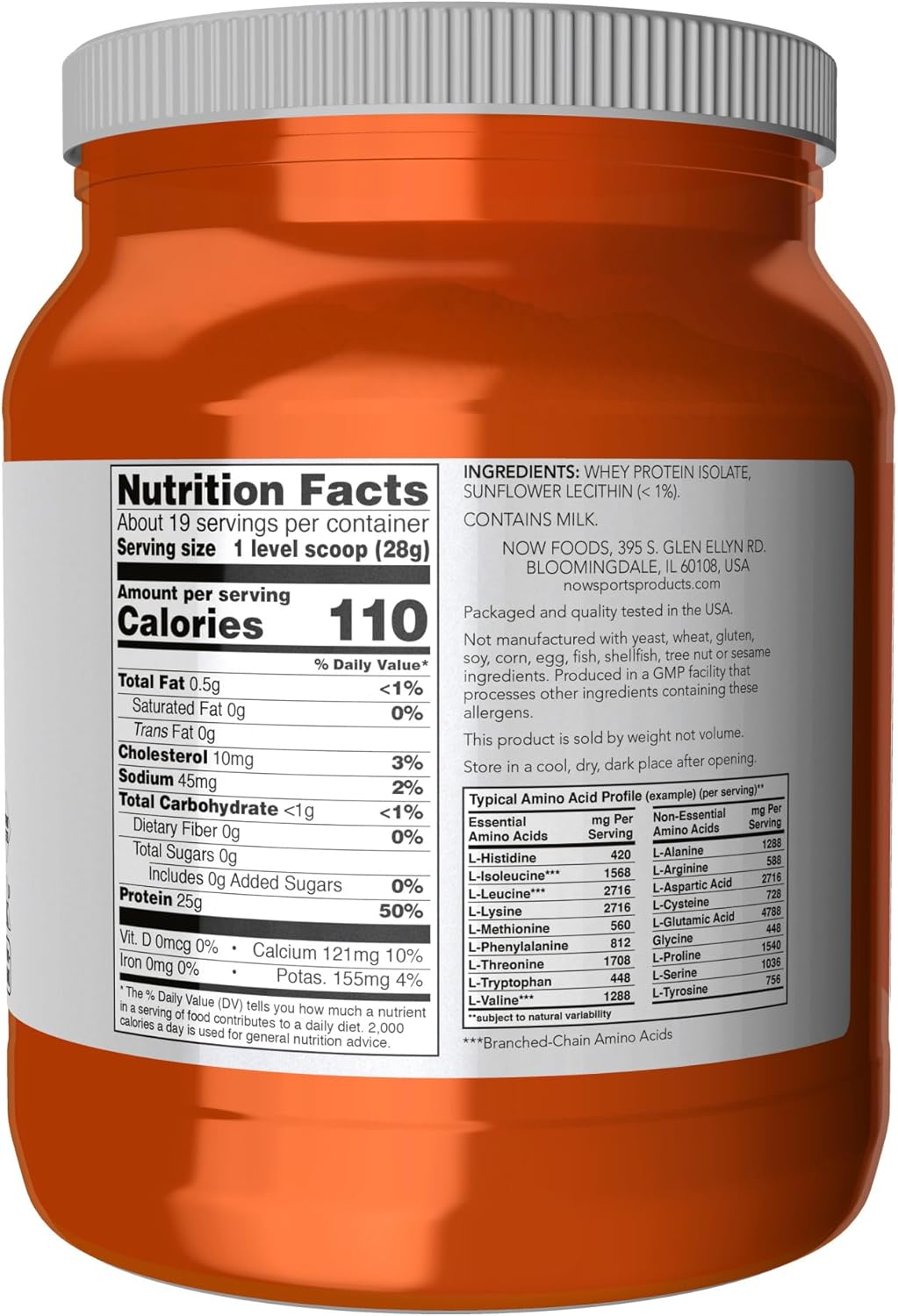 NOW Sports Whey Protein Isolate - 25g Protein with BCAAs | Unflavored Powder |1.2 lb (544g) - Image 2