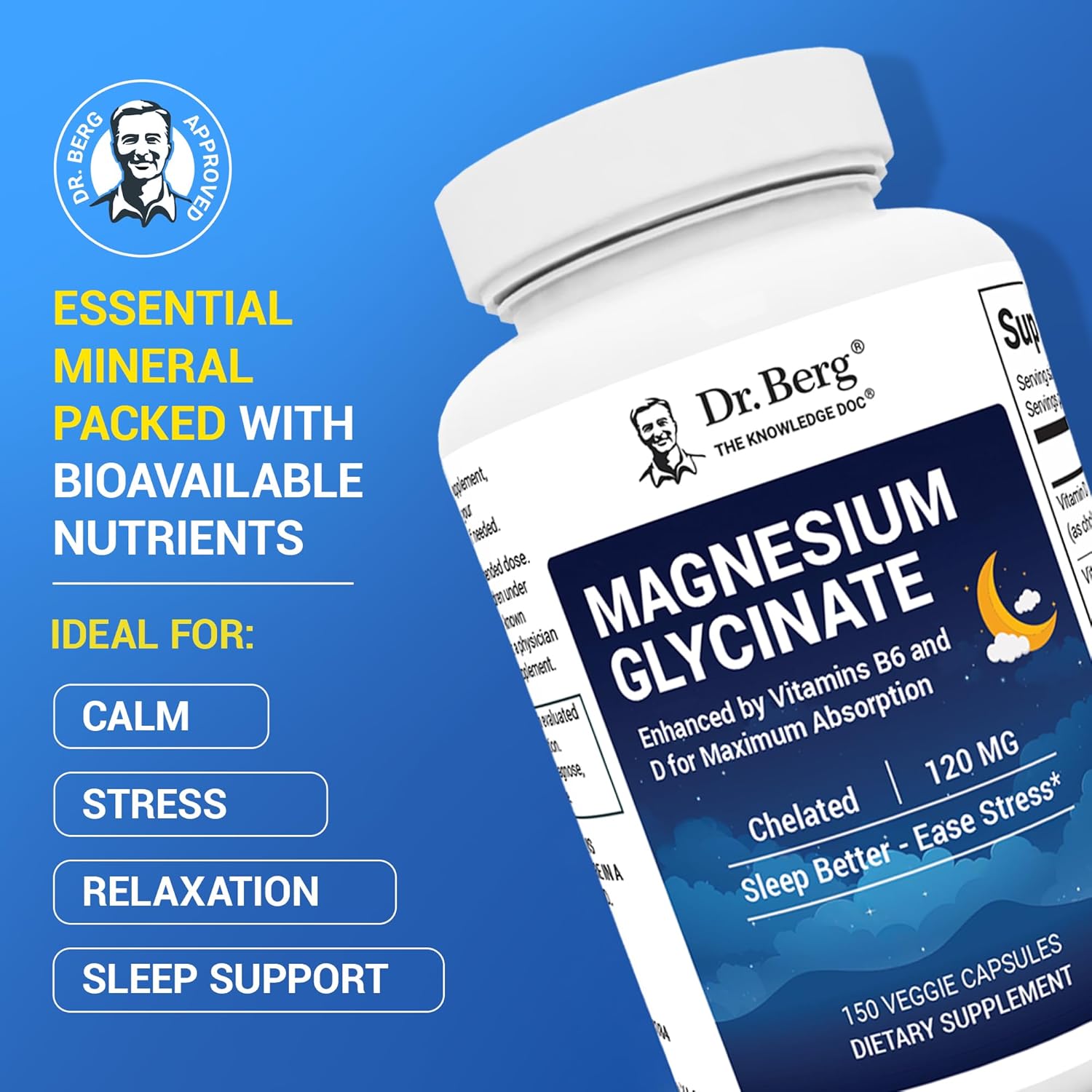 Dr. Berg Magnesium Glycinate Chelated with Vitamin D, B6, and Zinc – 150 Capsules