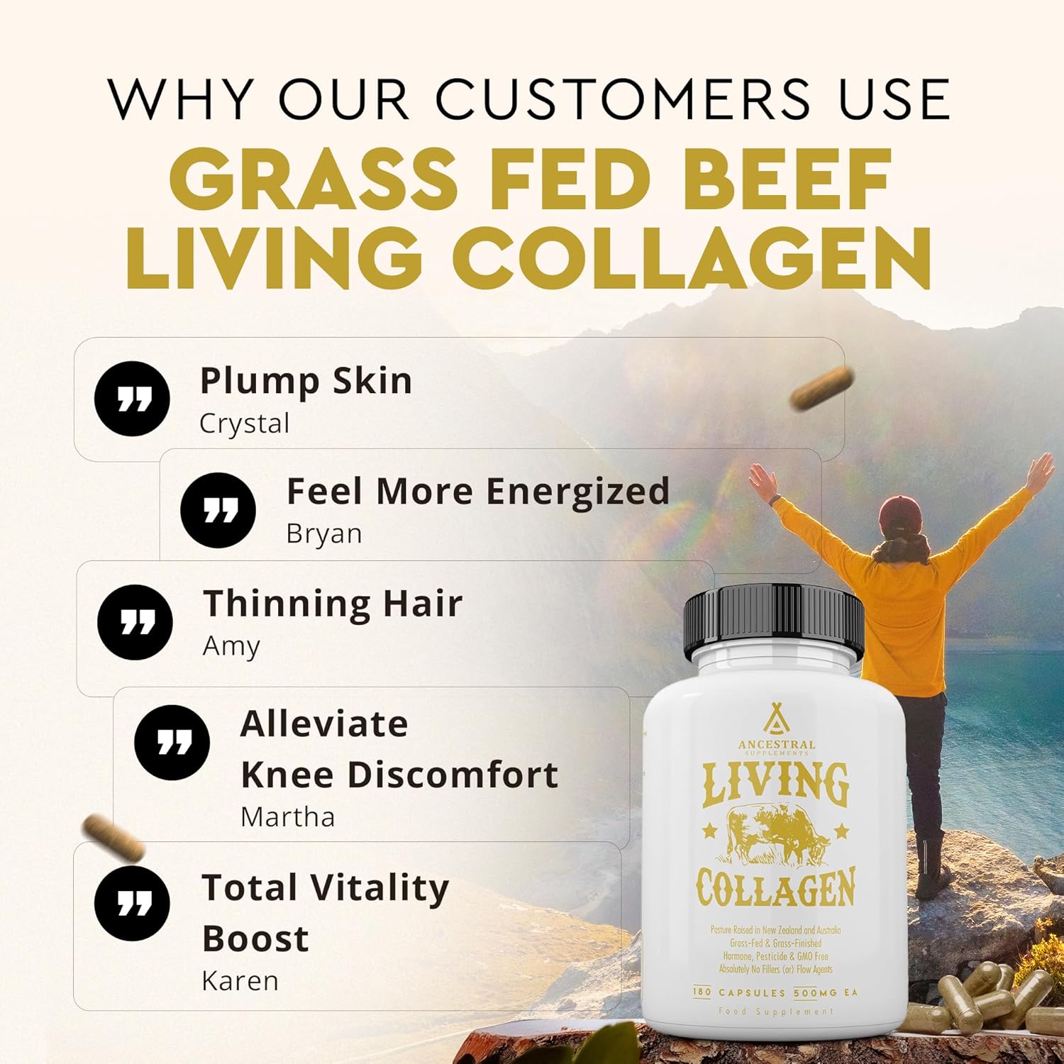 Ancestral Supplements Grass Fed Beef Living Collagen |Type II Collagen |180 Capsules - Image 2