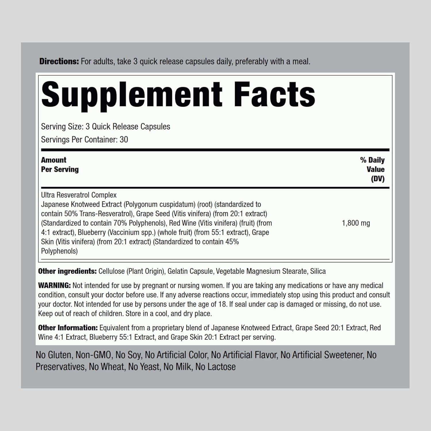 Piping Rock Resveratrol Complex 1800 mg | 90 Capsules - Image 3