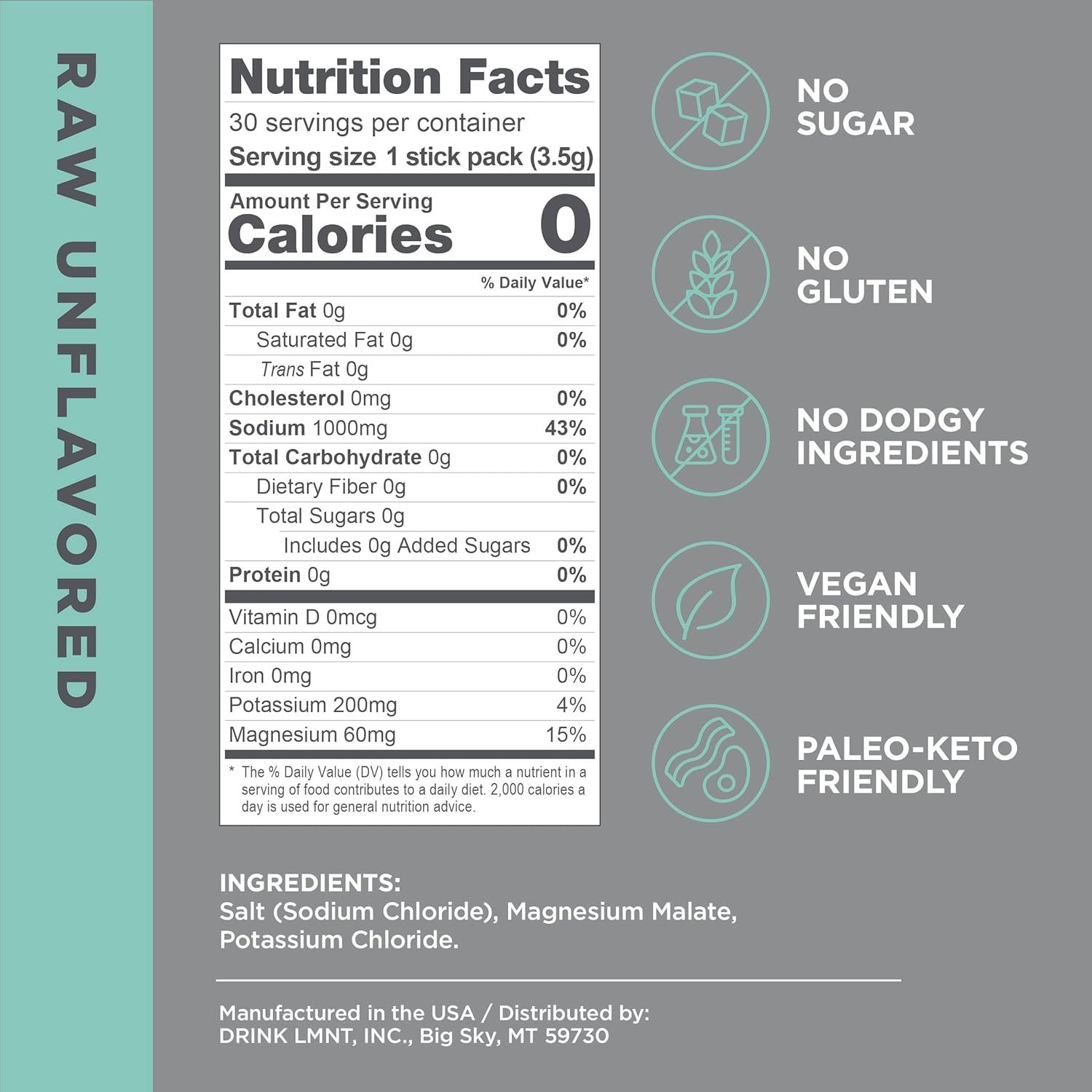 LMNT Zero Sugar Electrolytes - Raw Unflavored Salt | Drink Mix | 30-Count - Image 2