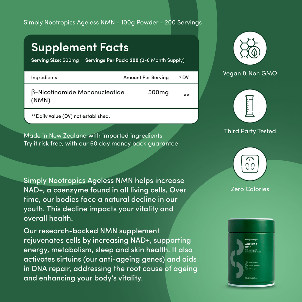 Simply Nootropics – NMN Powder 100g | Pharmaceutical-Grade NAD⁺ Precursor for Cellular Energy & Longevity Support - Image 3