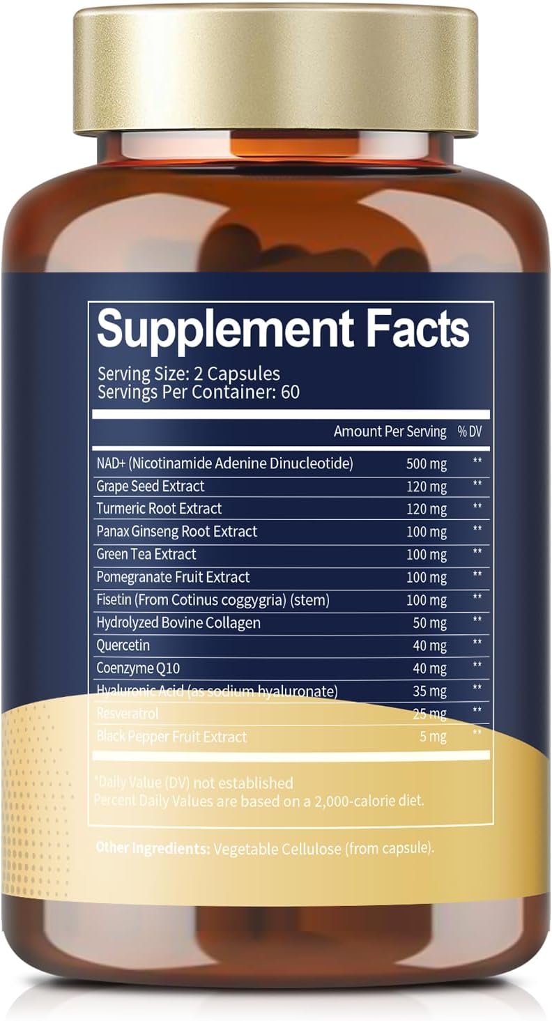NAD+ Supplement with Nicotinamide Riboside, Resveratrol, Quercetin & Betaine – 120 Capsules - Image 4