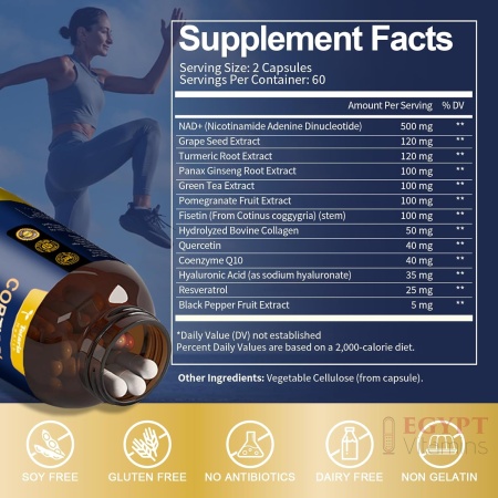 NAD+ Supplement with Nicotinamide Riboside, Resveratrol, Quercetin & Betaine – 120 Capsules