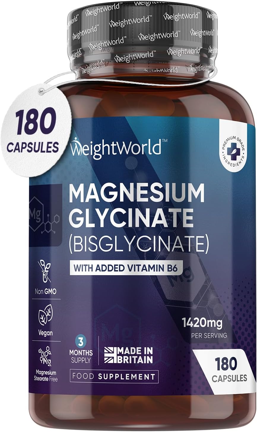 Magnesium Glycinate with Vitamin B6-1420mg Pure Magnesium Bisglycinate Powder Capsules - 180 Capsules