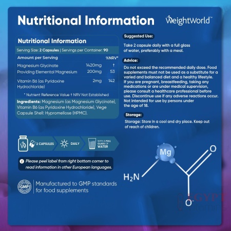 Weight World Magnesium Glycinate with Vitamin B6 – 1420mg Pure Magnesium Bisglycinate Powder Capsules – 180 Capsules