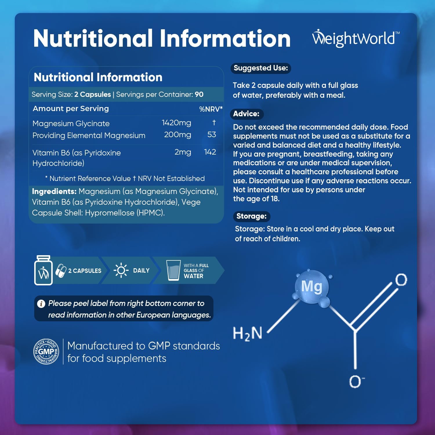 Weight World Magnesium Glycinate with Vitamin B6 – 1420mg Pure Magnesium Bisglycinate Powder Capsules – 180 Capsules