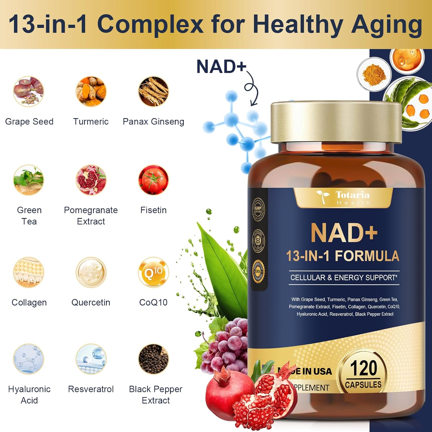 NAD+ Supplement with Nicotinamide Riboside, Resveratrol, Quercetin & Betaine – 120 Capsules