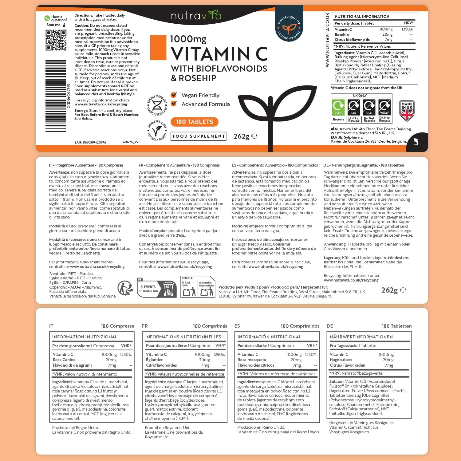 Nutravita Vitamin C 1000mg – Immune Support & Antioxidant Protection – 180 Tablets - Image 2