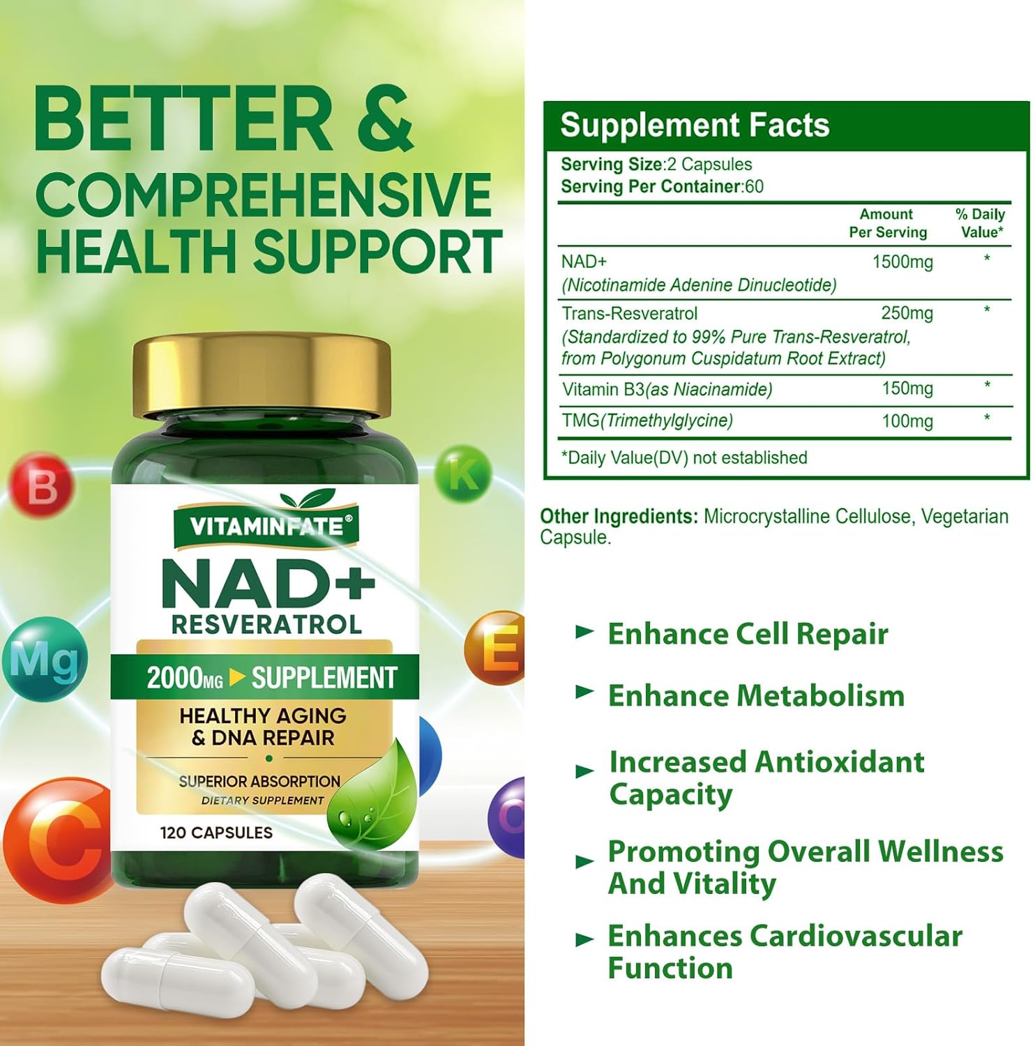 VITAMINFATE NAD+ and Resveratrol Supplement | Healthy Aging | 120 Capsules - Image 2