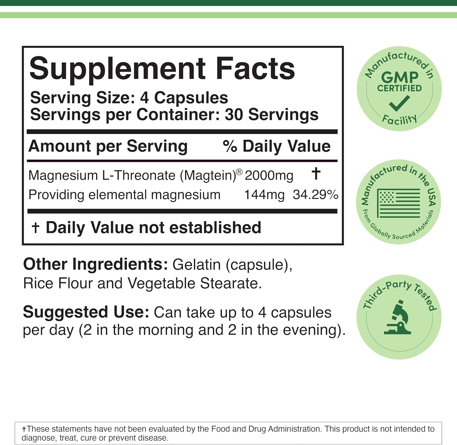Magnesium L Threonate, Magtein™, Sleep and Cognitive Support – 2,000 mg | 120 Capsules - Image 2
