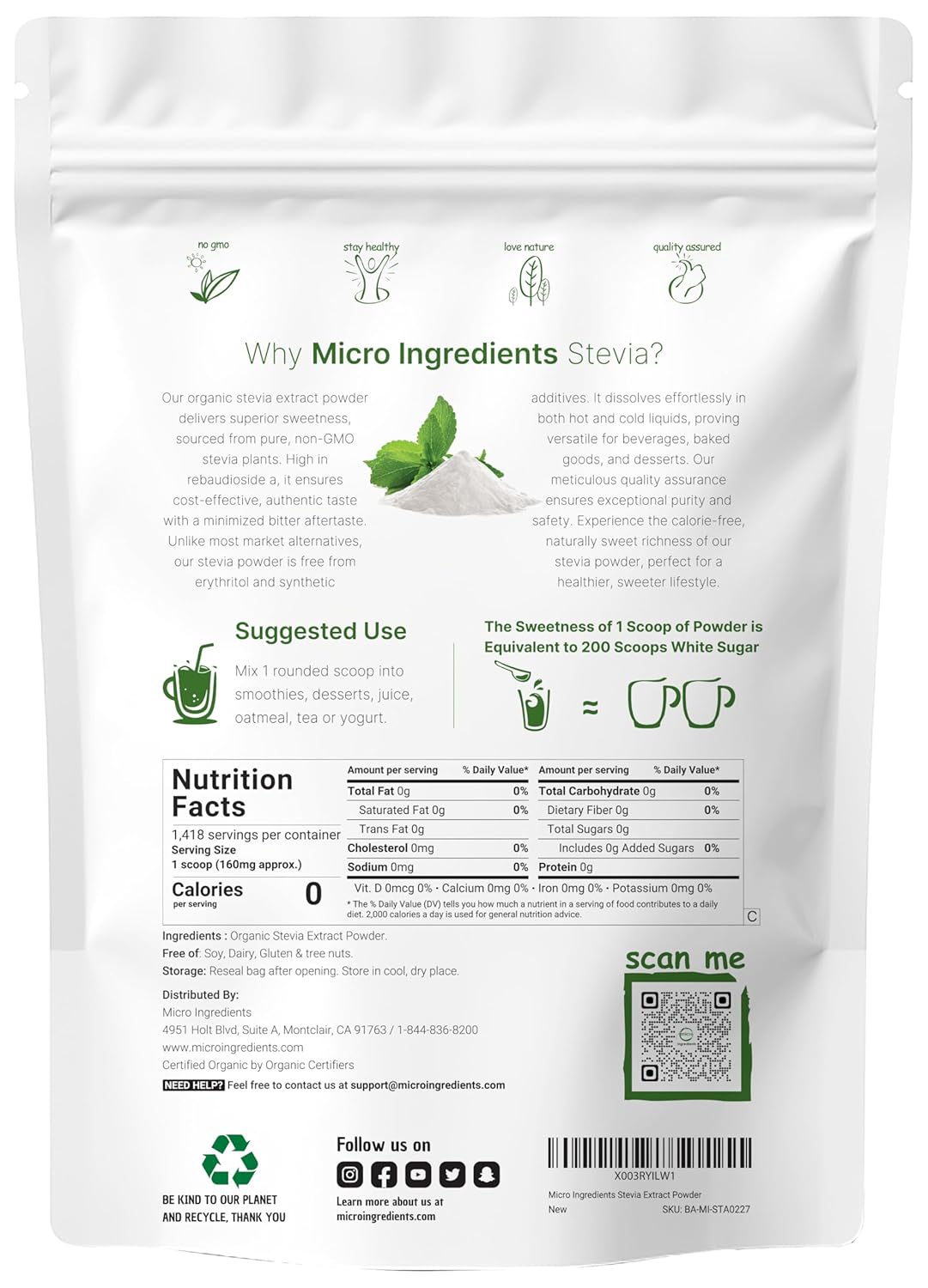 {Open Bottle}Micro Ingredients Pure Organic Stevia Powder | 227 gm - Image 2
