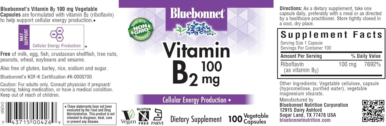 Bluebonnet Nutrition Vitamin B2 100 mg |100 Capsules - Image 2