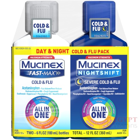 Mucinex Maximum Strength Fast-Max Cold & Flu and Nightshift, All-in-One Multi Symptom Relief Liquid, 6 Fl Oz - 2 Count (Pack of 1)