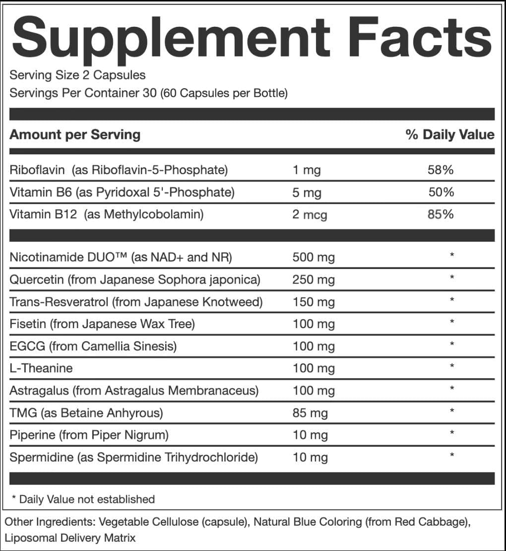 AEON Liposomal NAD+ Longevity Complex, with NAD+, NR, Resveratrol, Quercetin, Fisetin, L Theanine, TMG, EGCG, Spermidine, Astragalus, Anti-Aging Supplement, Vegan, 60 Capsules - Image 2