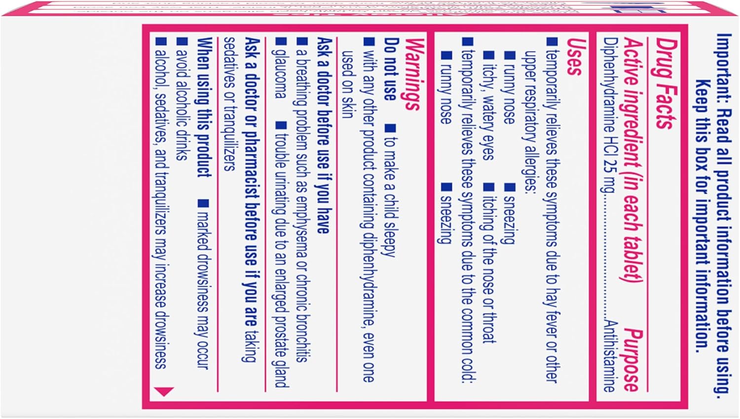 Benadryl Ultratabs Allergy Medicine, 25 mg Diphenhydramine HCl Antihistamine Tablets For Cold & Allergy Relief of Symptoms Like Sneezing, Runny Nose, Itchy Eyes & Throat, Hay Fever, 100 Tablets - Image 2