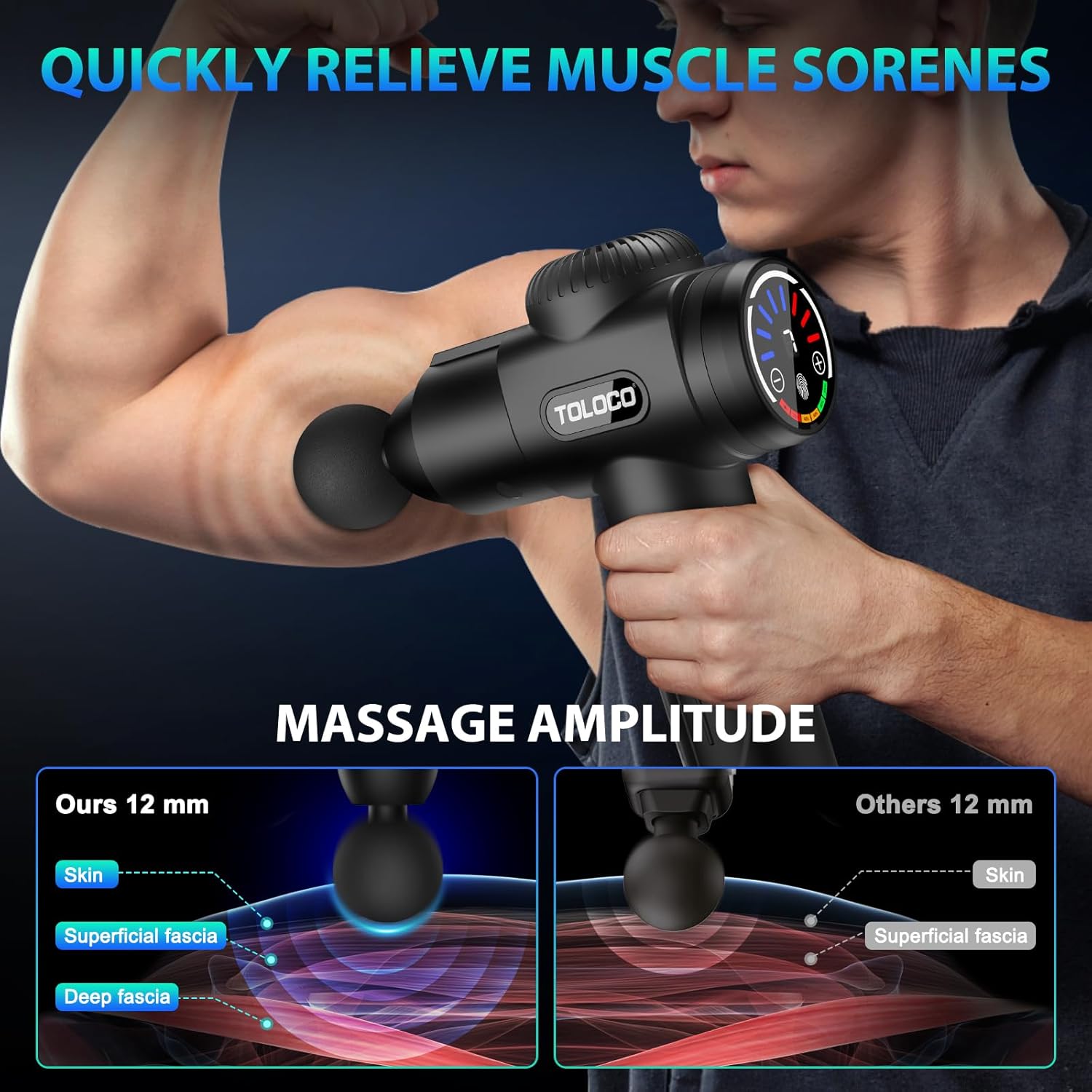TOLOCO Massage Gun, Deep Tissue Back Massage for Athletes for Pain Relief, Percussion Massager with 10 Massages Heads & Silent Brushless Motor - Image 7