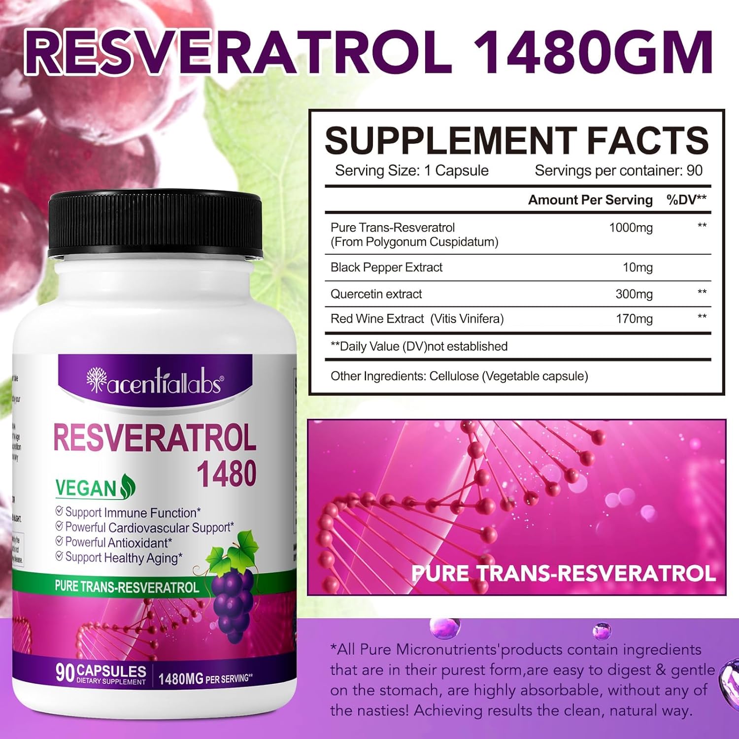Trans-Resveratrol 1000mg | 1480mg Complex | Healthy Aging | 90 Veggie Capsules - Image 2
