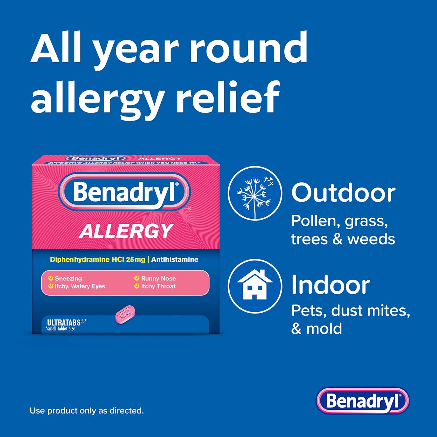Benadryl Ultratabs Allergy Medicine, 25 mg Diphenhydramine HCl Antihistamine Tablets For Cold & Allergy Relief of Symptoms Like Sneezing, Runny Nose, Itchy Eyes & Throat, Hay Fever, 100 Tablets - Image 6