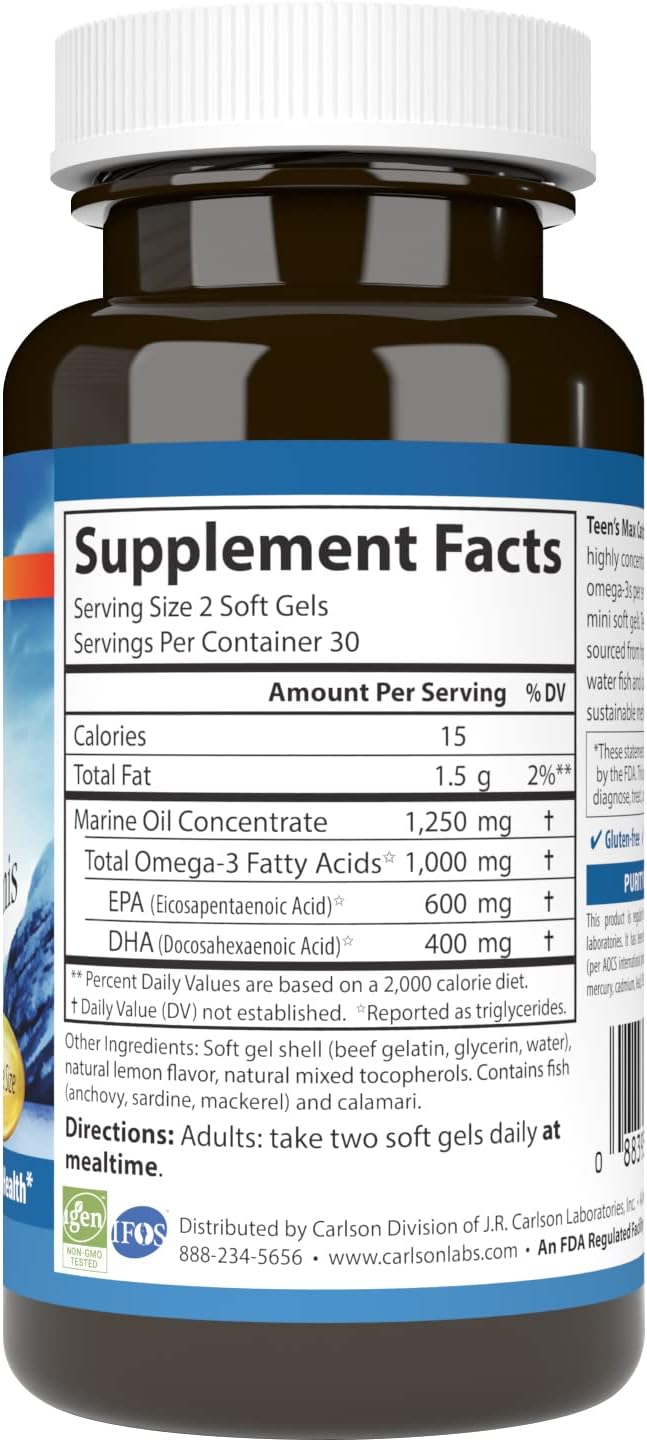 Carlson - Teen's Max Catch Minis, 1000 mg Omega-3s, Brain Health, Vision Support, Mood Health, 60 Softgels - Image 3