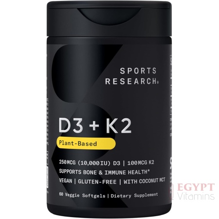 Sports Research® Vitamin D3 + K2 with 10,000iu of Plant-Based D3 & 100mcg of Vitamin K2 as MK-7 | Non-GMO Verified & Vegan Certified 60ct