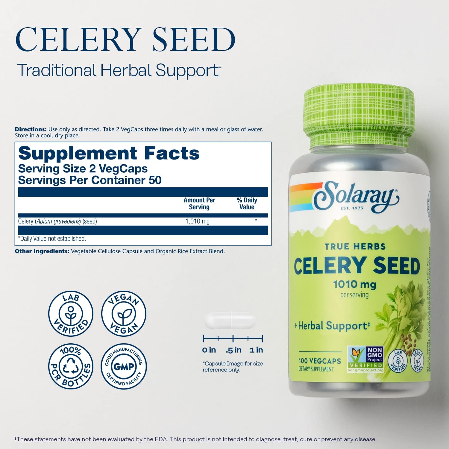 Solaray Celery Seed, 505mg, 100 Vegetarian Capsules - Image 2