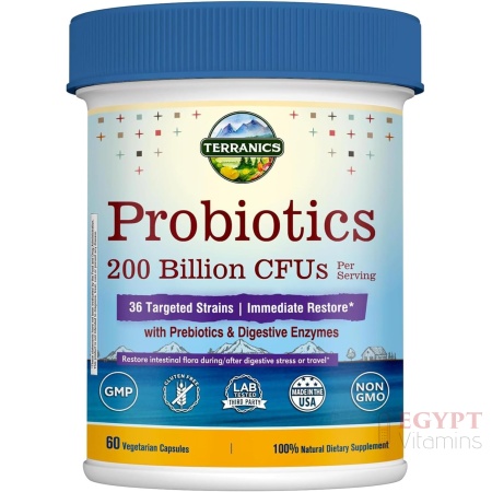 Terranics Daily Probiotics for Men & Women, 200 Billion 36 Strains Immediate Restore Probiotics, with Prebiotics & Enzymes, Healthy Regularity, Delayed Release, Shelf Stable, 60 Veggie Caps