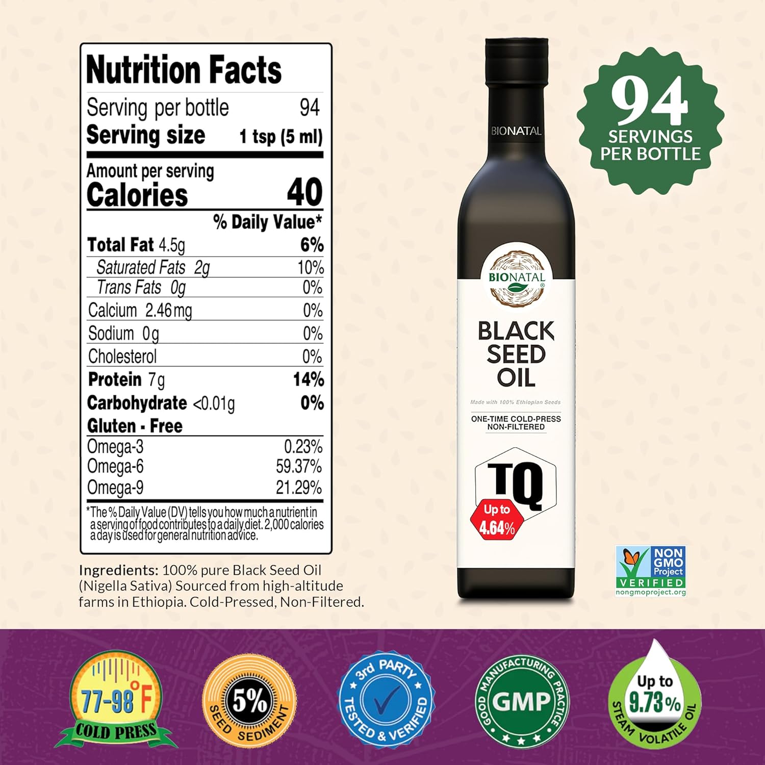 BioNatal Ethiopian Black Seed Oil – Cold Pressed Nigella Sativa Producing Black Cumin Seed Oil, Unrefined & Non-Filtered, High TQ Up to 4.64% – Supports Immune System, Digestion & Joints 16oz Glass - Image 2