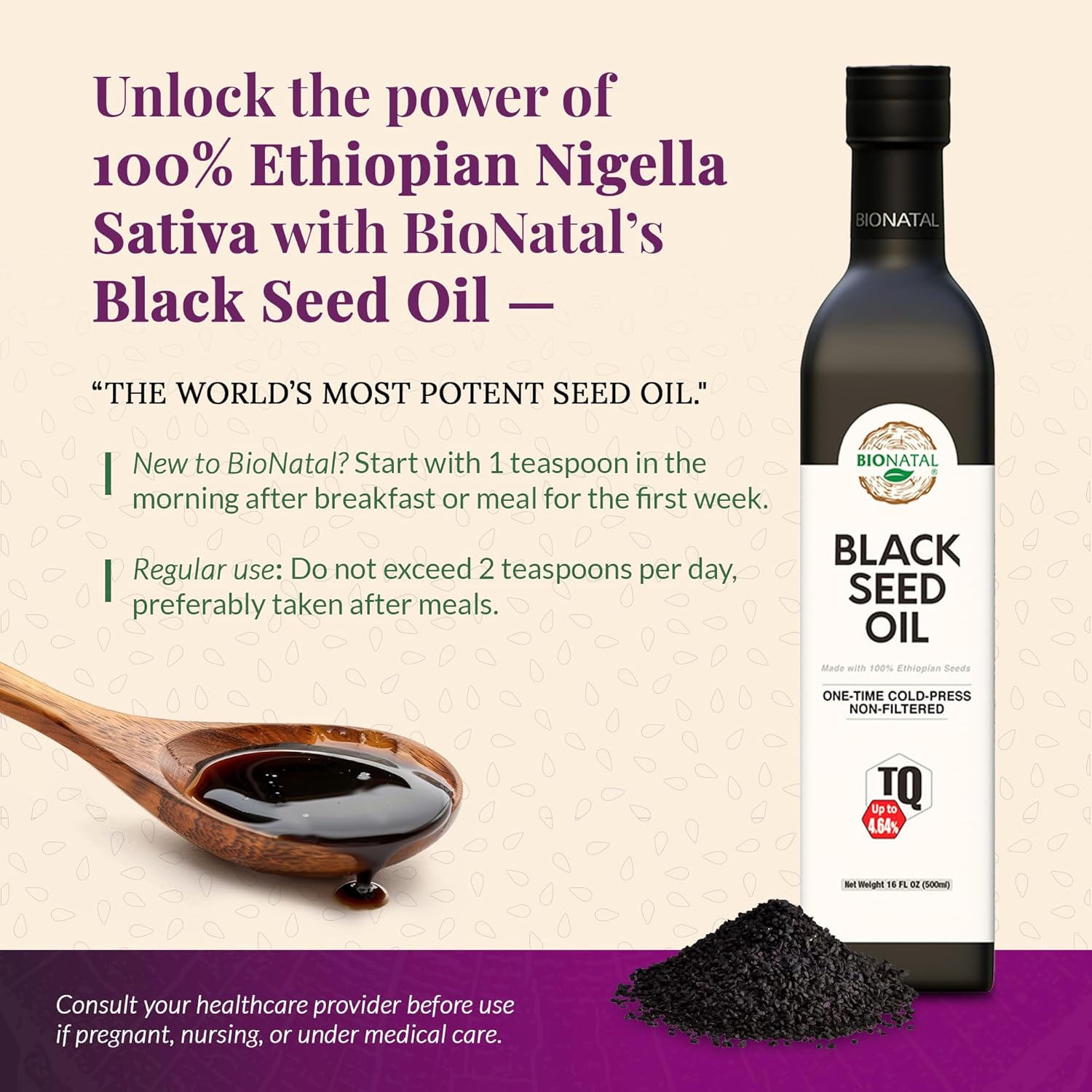 BioNatal Ethiopian Black Seed Oil – Cold Pressed Nigella Sativa Producing Black Cumin Seed Oil, Unrefined & Non-Filtered, High TQ Up to 4.64% – Supports Immune System, Digestion & Joints 16oz Glass - Image 4