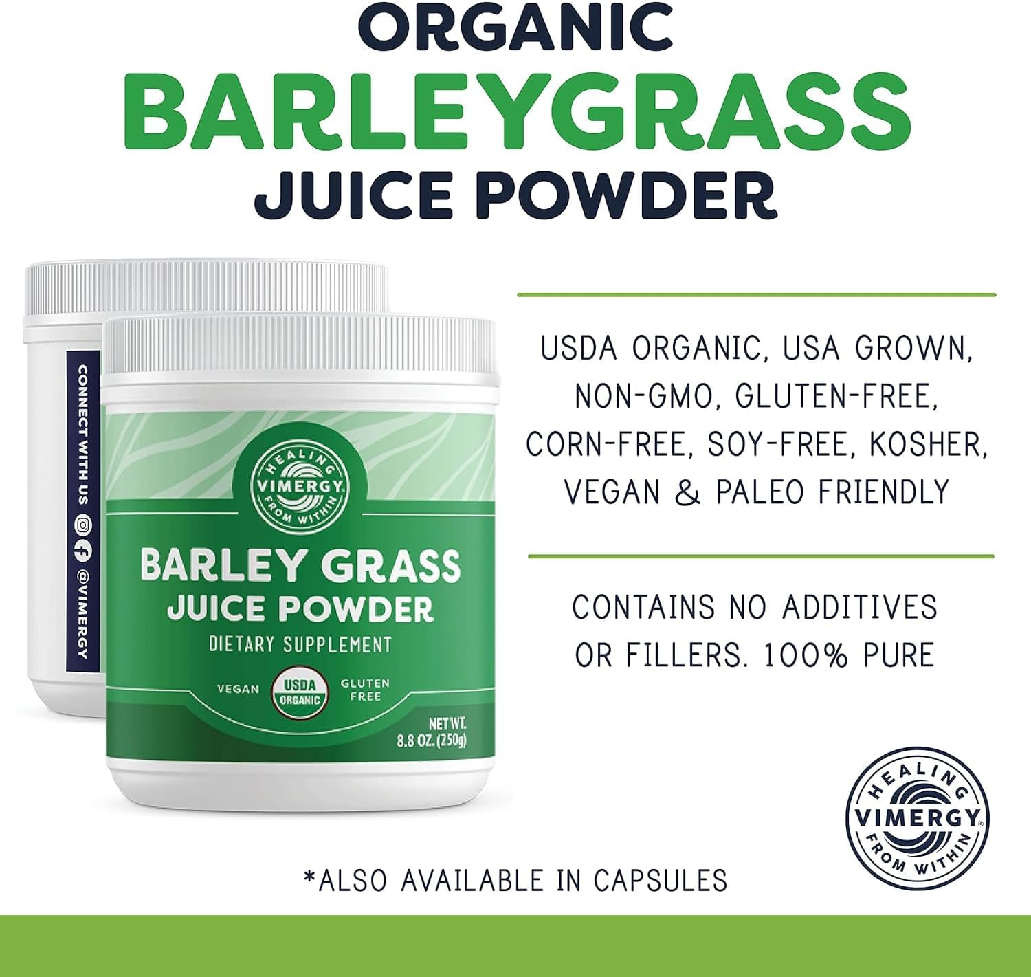 Vimergy Barley Grass Juice Powder Dietary Supplement - 0.8g per Serving (312 Servings) – Clean Superfood Formula – Promotes Cardiovascular Health* – Organic, Vegan & Gluten-Free – Regular Size 250g - Image 4