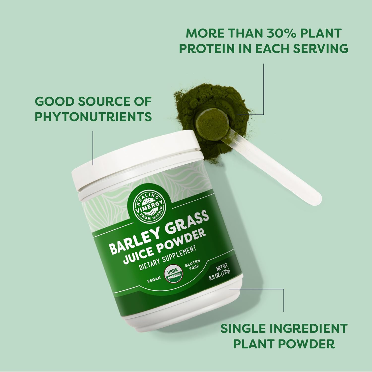 Vimergy Barley Grass Juice Powder Dietary Supplement - 0.8g per Serving (312 Servings) – Clean Superfood Formula – Promotes Cardiovascular Health* – Organic, Vegan & Gluten-Free – Regular Size 250g - Image 3